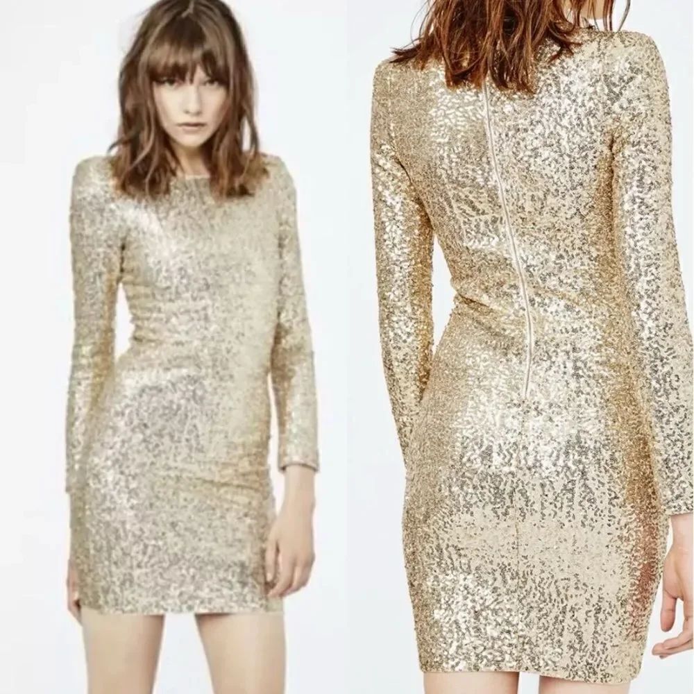 Maje Regie Mini Gold Dress Sequin Long Sleeve Size M